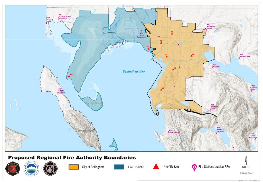The map shows the greater Bellingham area and outlines the boundaries of Fire District 8 in blue and the City of Bellingham in black, with a tan shading. It includes red triangle markers for the eight fire stations that would be included in the RFA, as well as 11 stations that are located outside the boundaries of the proposed RFA, which are marked with magenta pins.